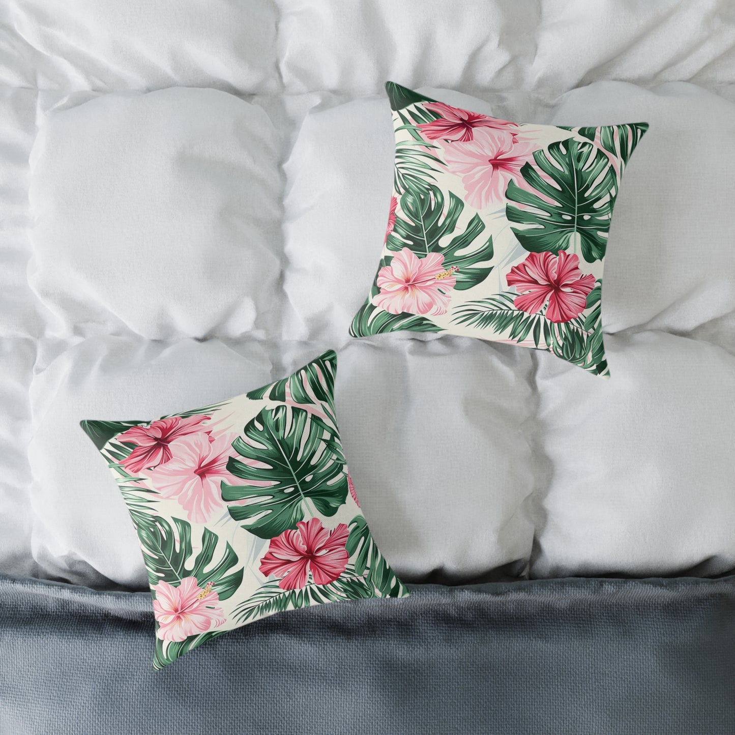 Vibrant Hibiscus and Monstera Leaf Decorative Pillow