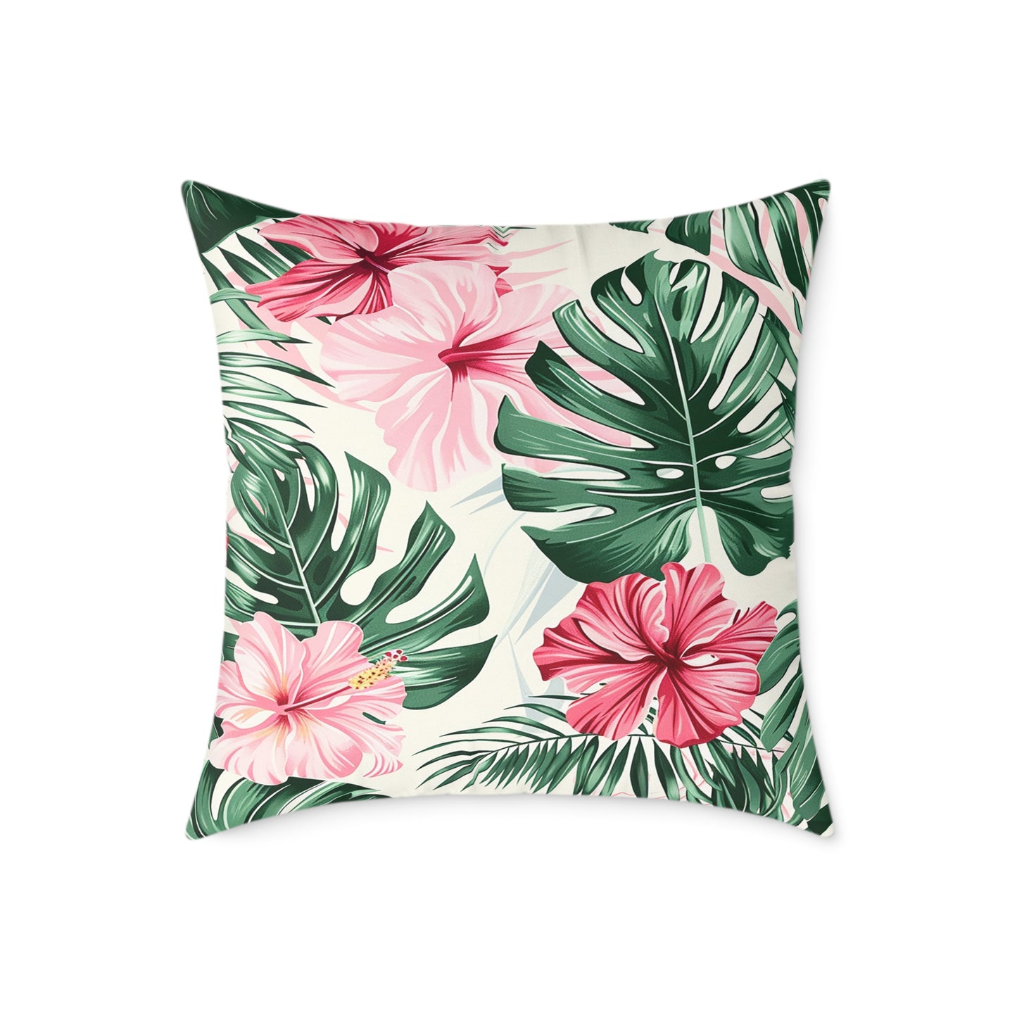 Vibrant Hibiscus and Monstera Leaf Decorative Pillow