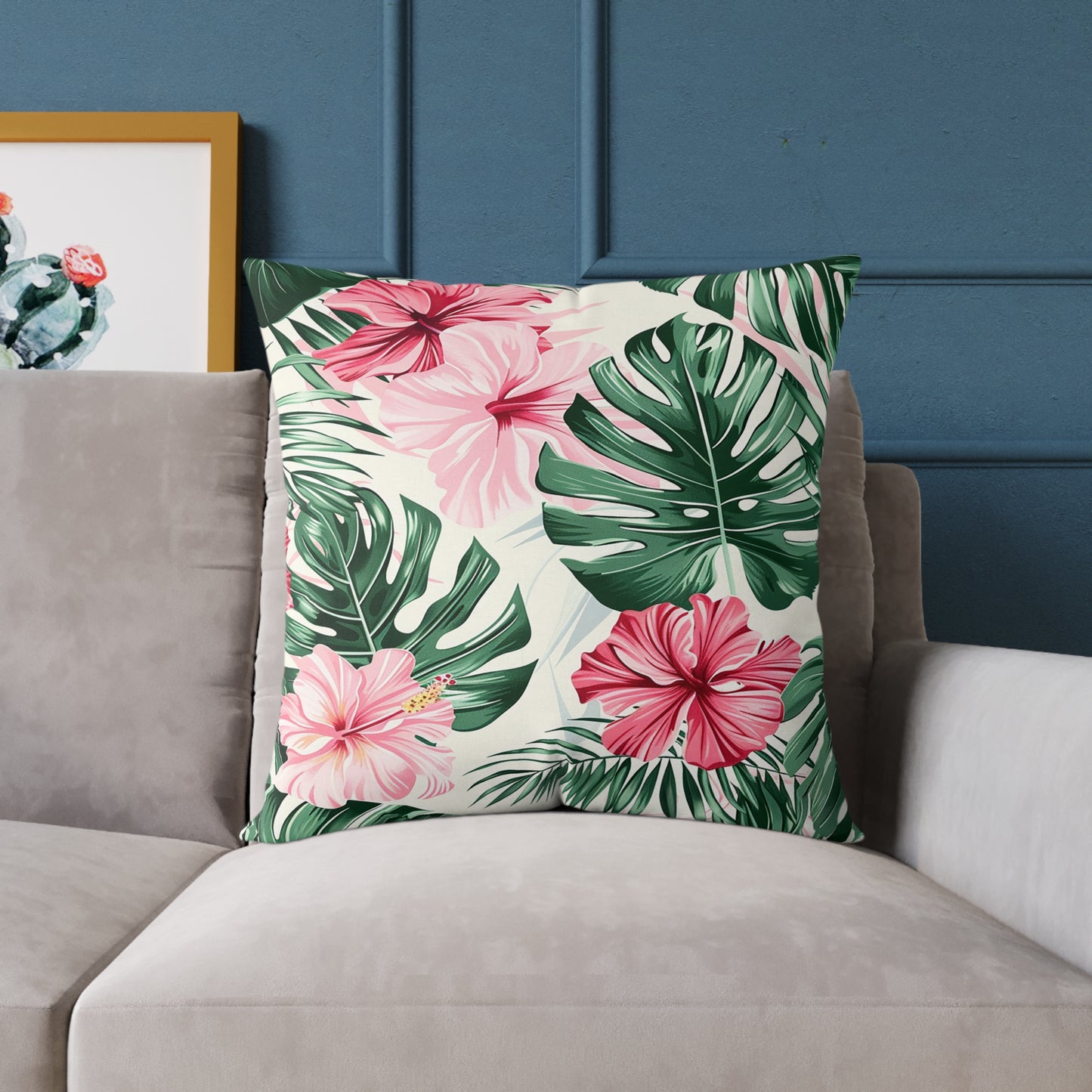 Vibrant Hibiscus and Monstera Leaf Decorative Pillow