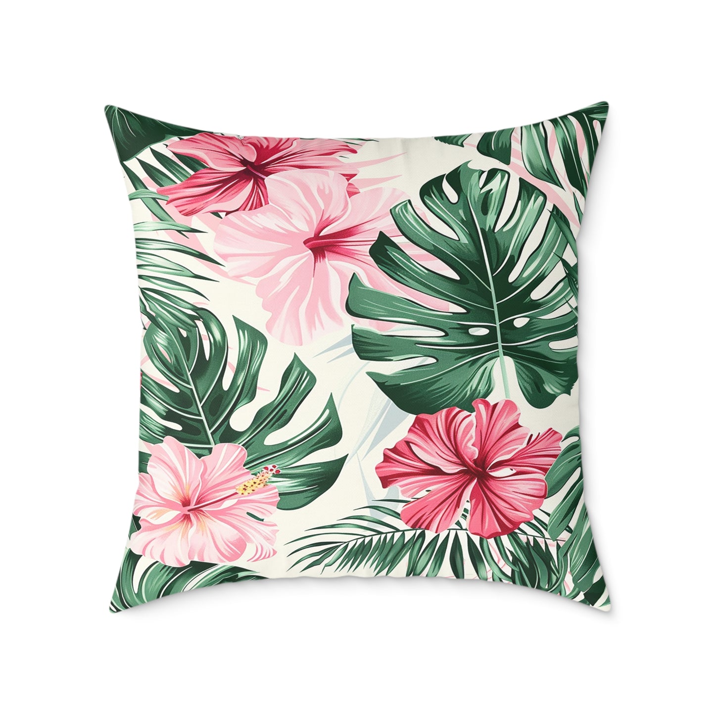 Vibrant Hibiscus and Monstera Leaf Decorative Pillow