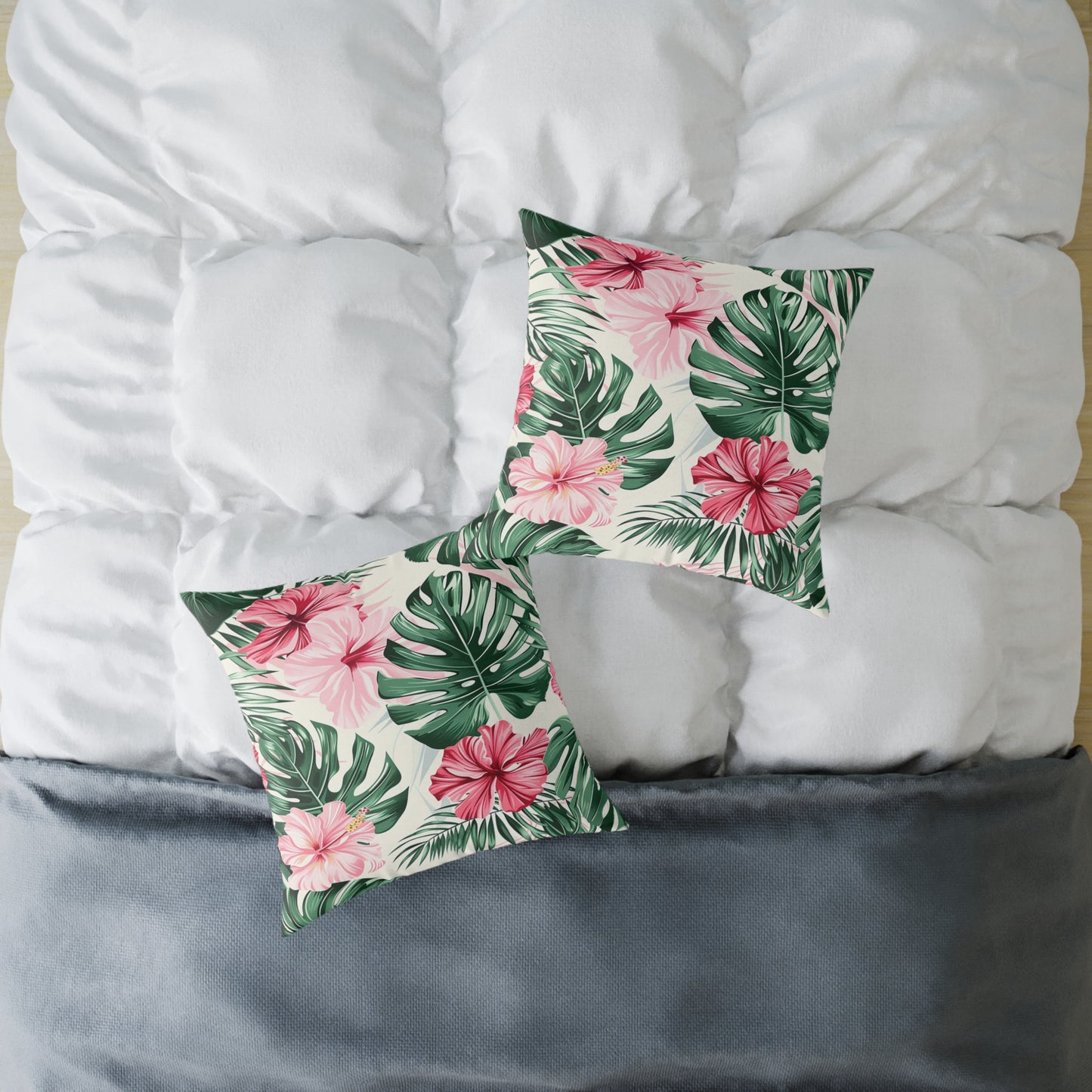 Vibrant Hibiscus and Monstera Leaf Decorative Pillow