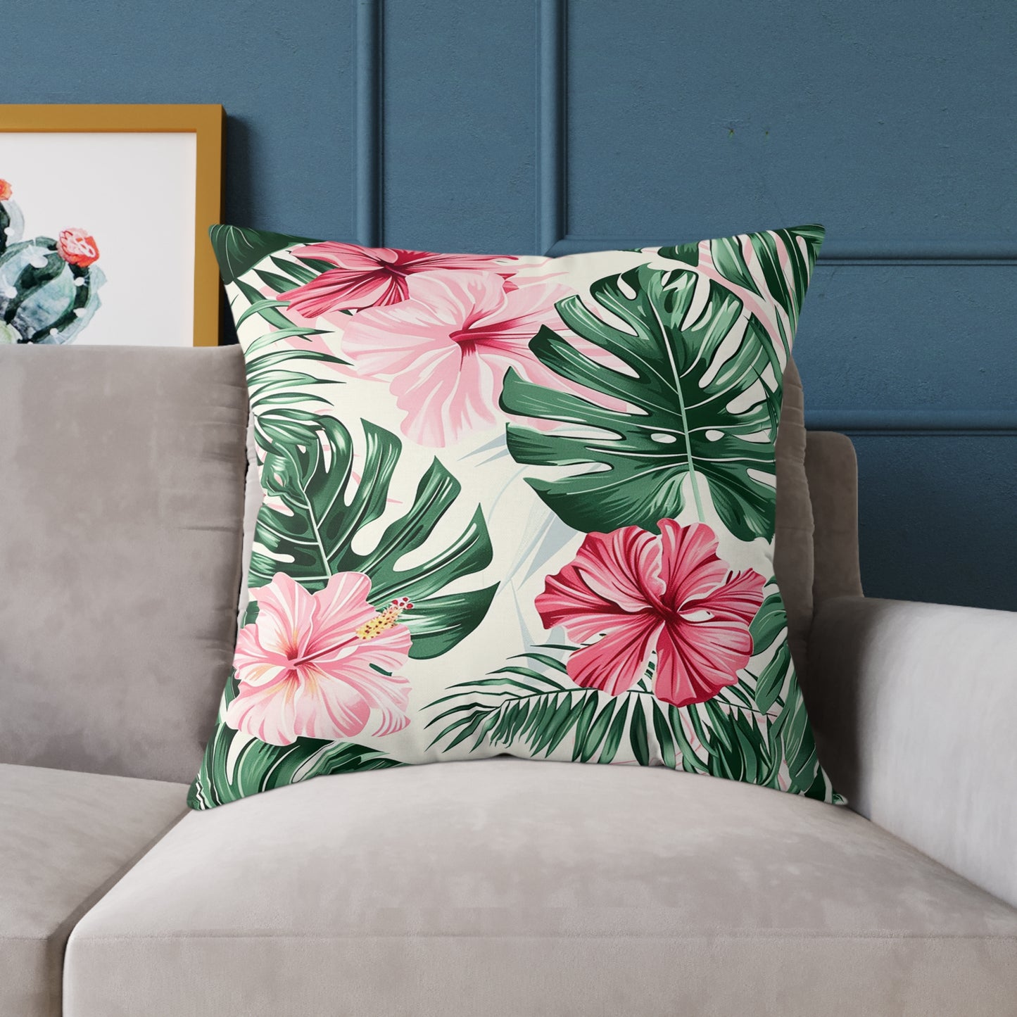 Vibrant Hibiscus and Monstera Leaf Decorative Pillow