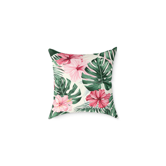 Vibrant Hibiscus and Monstera Leaf Decorative Pillow