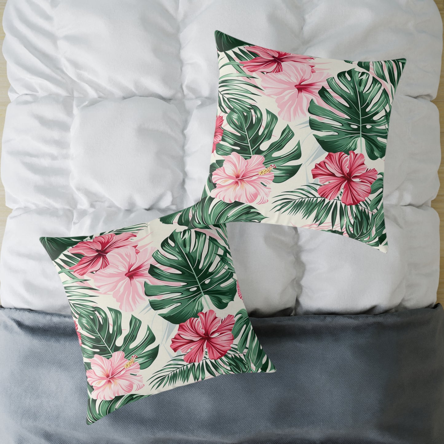 Vibrant Hibiscus and Monstera Leaf Decorative Pillow