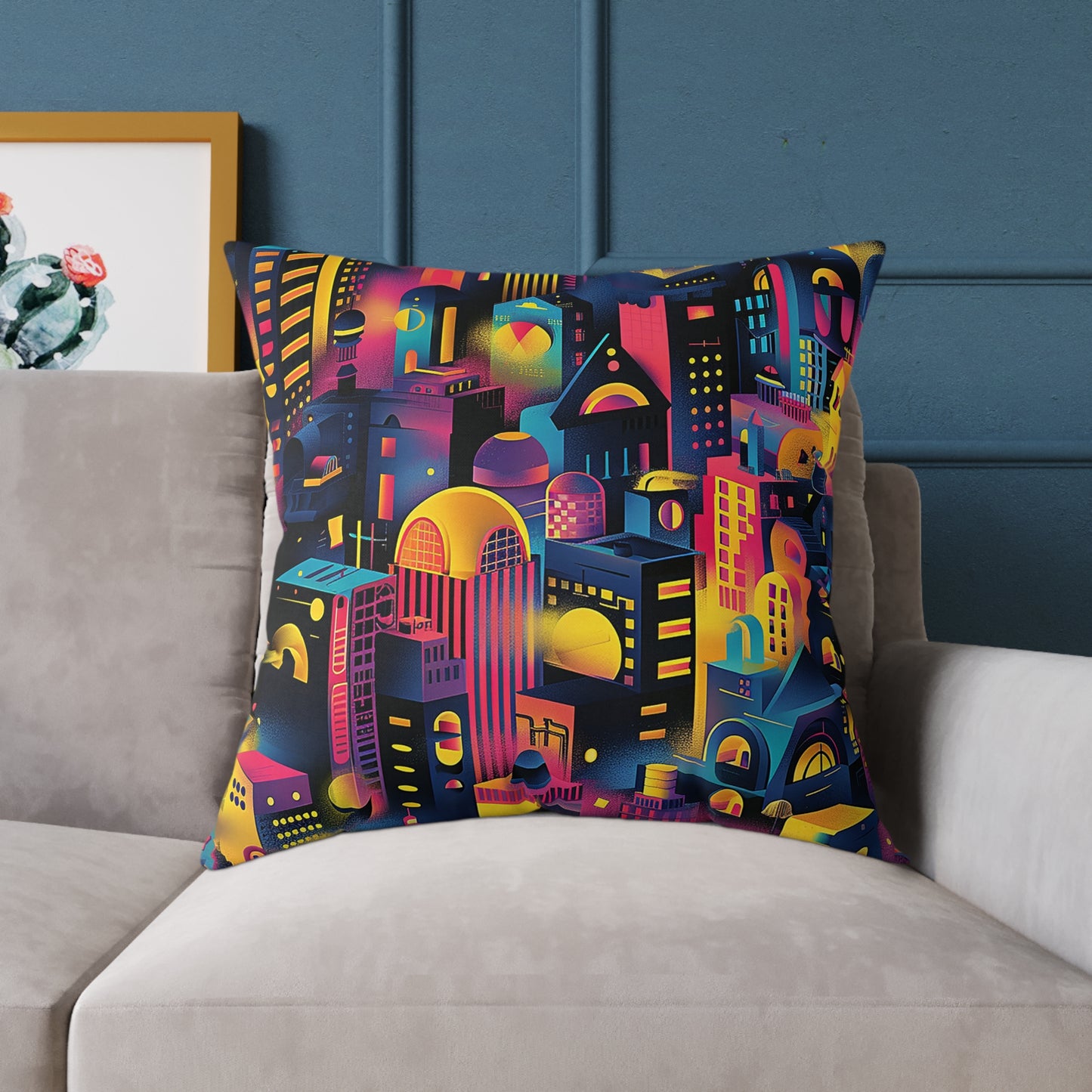 Neon Cityscape Night Decorative Pillow