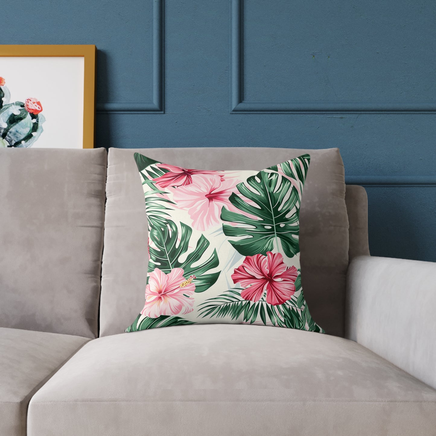 Vibrant Hibiscus and Monstera Leaf Decorative Pillow