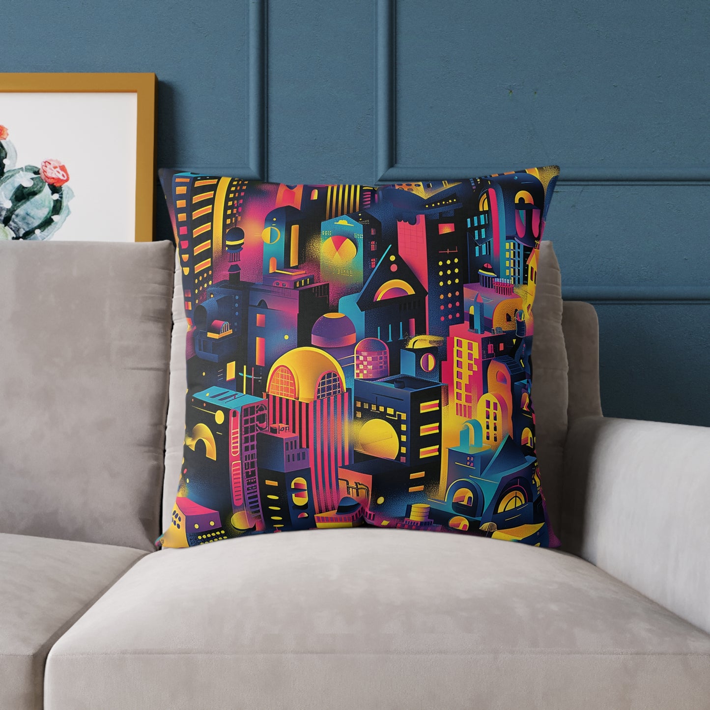 Neon Cityscape Night Decorative Pillow