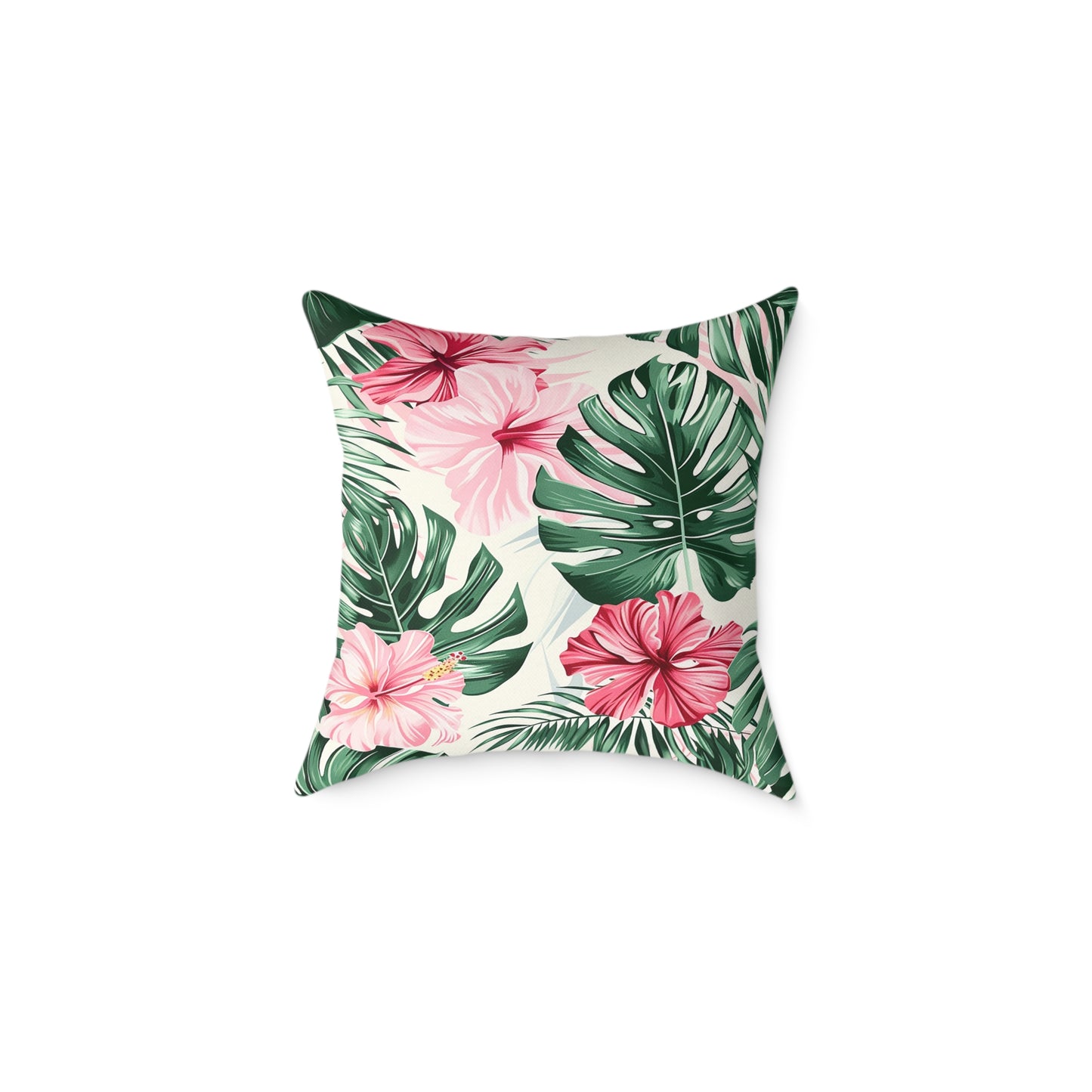 Vibrant Hibiscus and Monstera Leaf Decorative Pillow