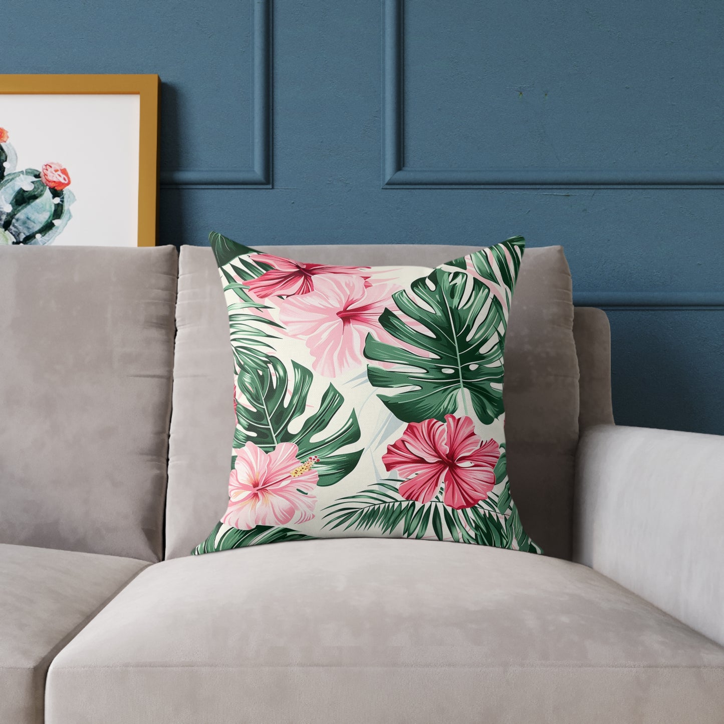 Vibrant Hibiscus and Monstera Leaf Decorative Pillow