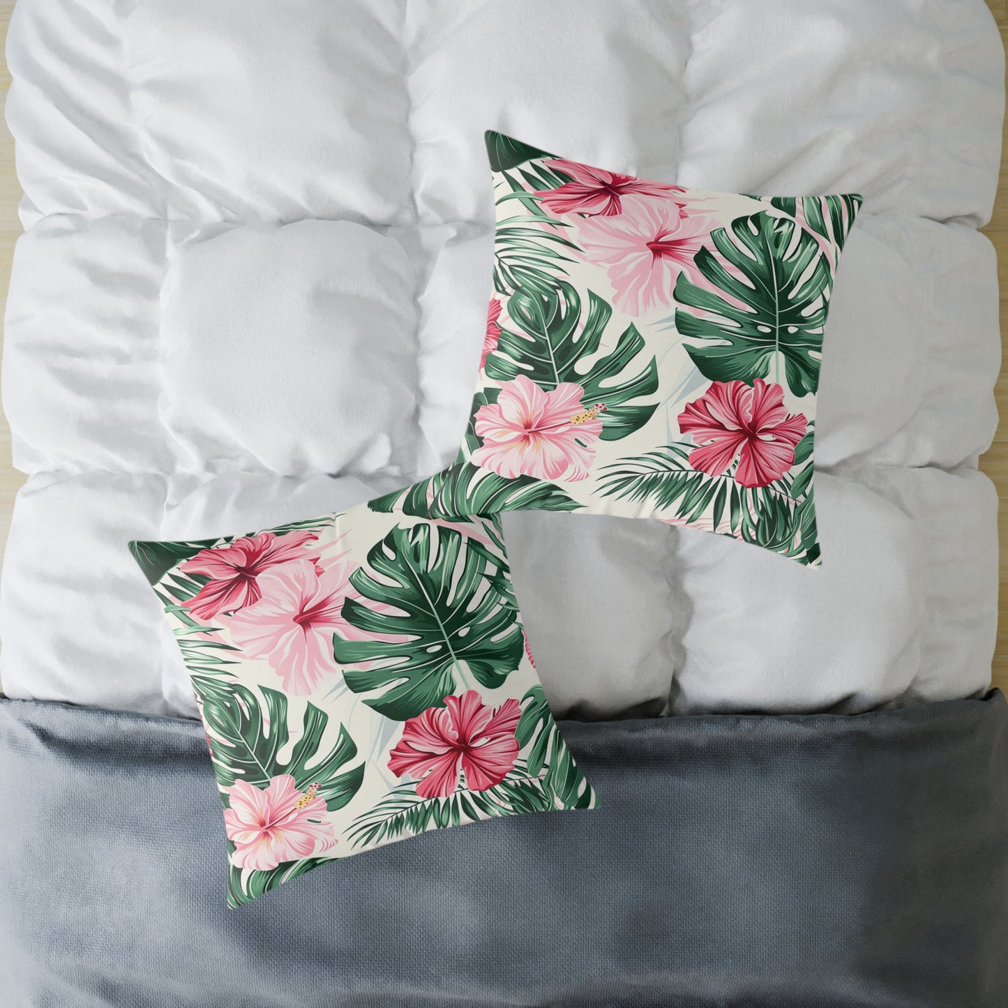 Vibrant Hibiscus and Monstera Leaf Decorative Pillow