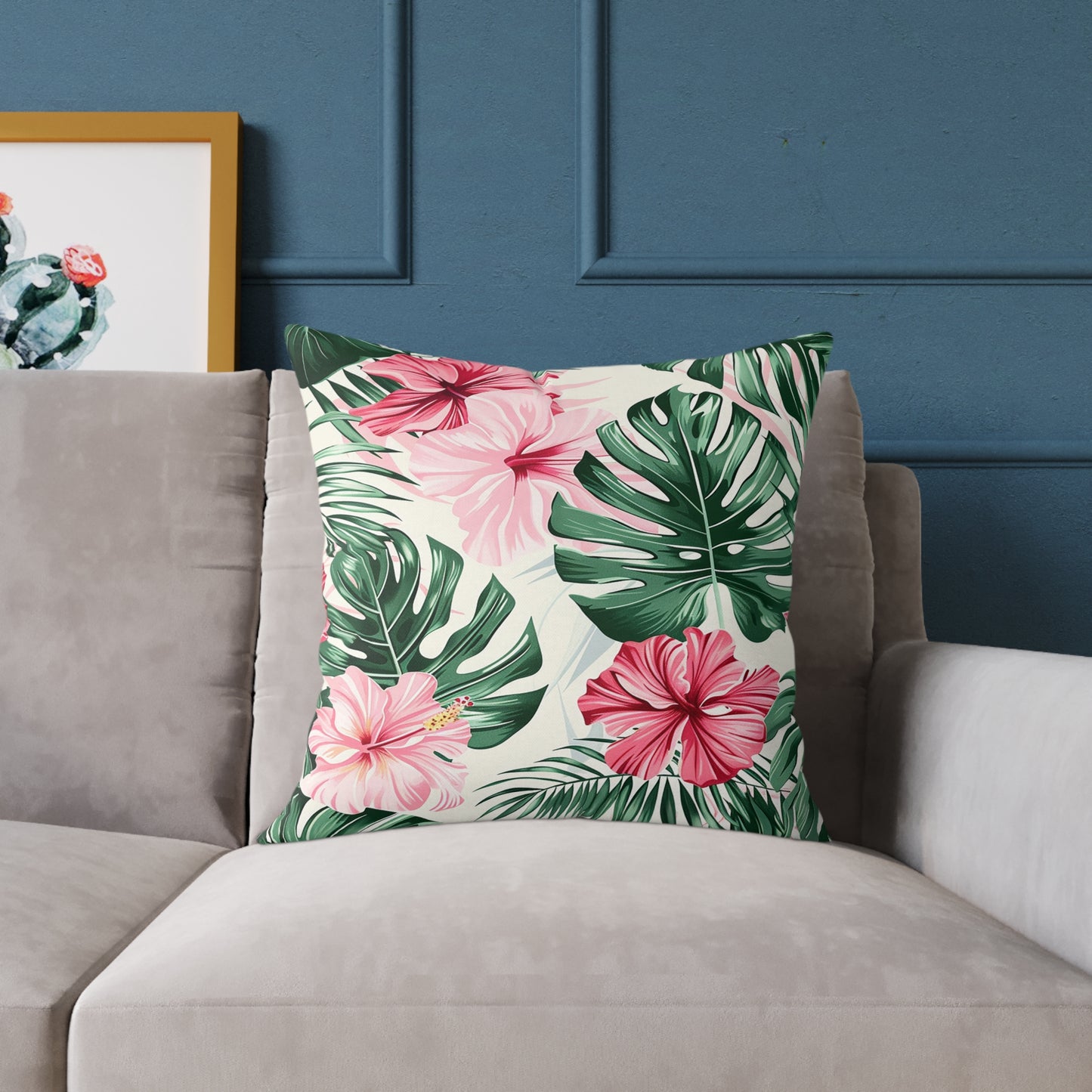 Vibrant Hibiscus and Monstera Leaf Decorative Pillow