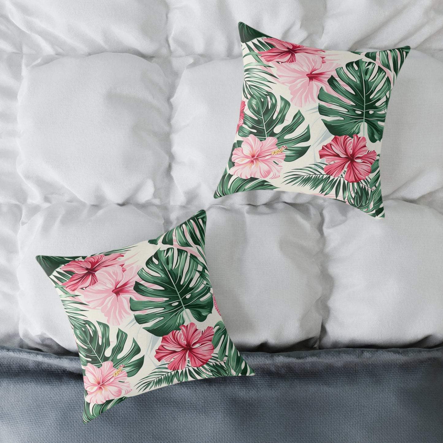 Vibrant Hibiscus and Monstera Leaf Decorative Pillow