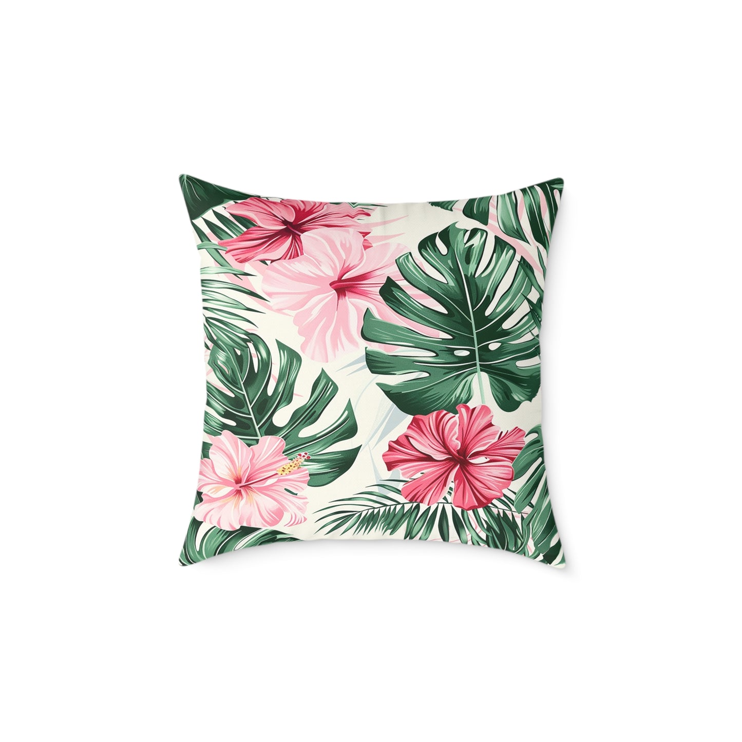 Vibrant Hibiscus and Monstera Leaf Decorative Pillow