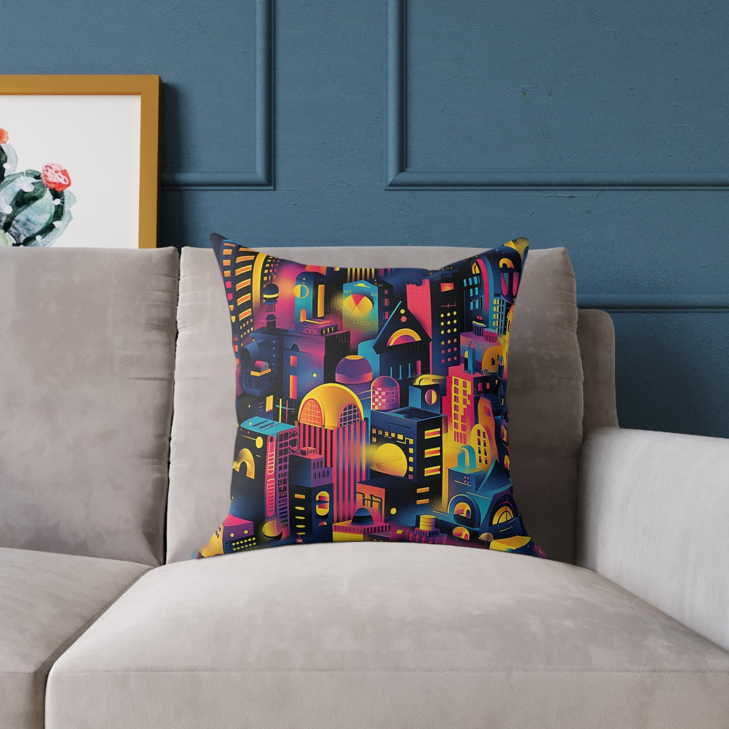 Neon Cityscape Night Decorative Pillow