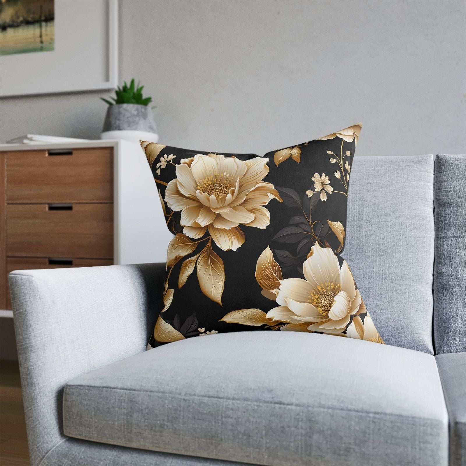 Black & Gold Flower Pattern Pillow - ExclusiveCreativeDesigns