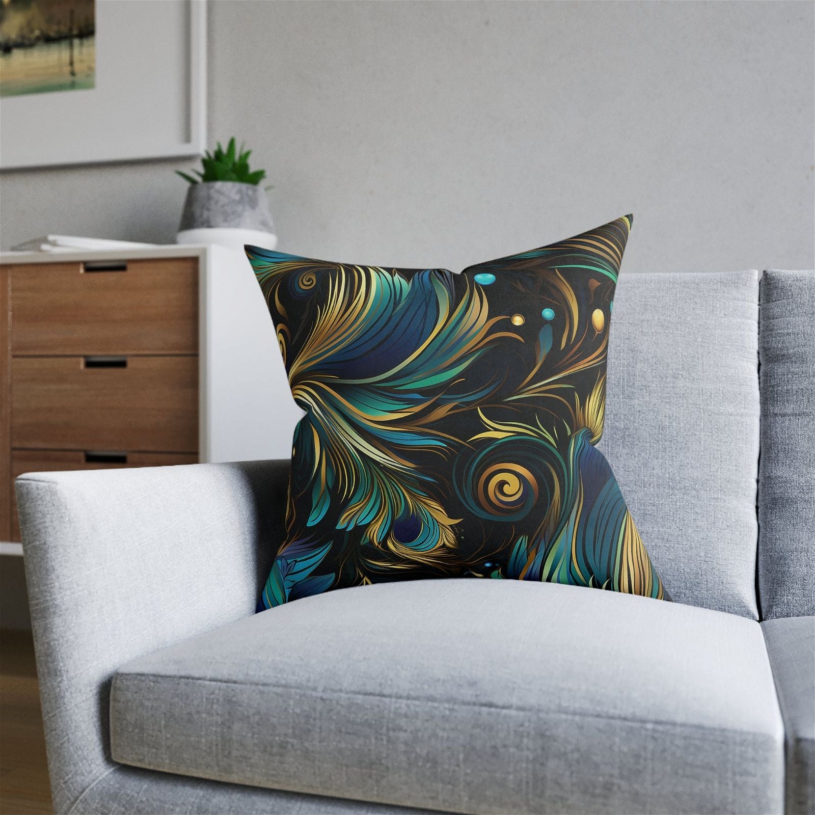 Peacock Feathers Patterned Square Pillow - ExclusiveCreativeDesigns