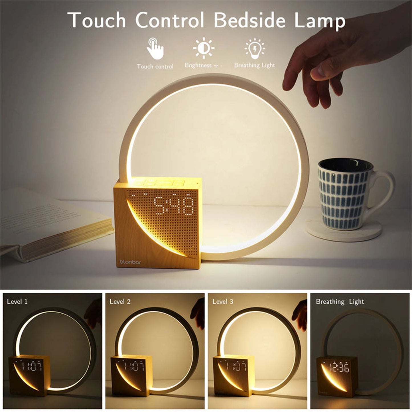 Touch Bedside Lamp with Natural Sounds, Alarm Clock, and 3 Brightness Levels - ExclusiveCreativeDesigns